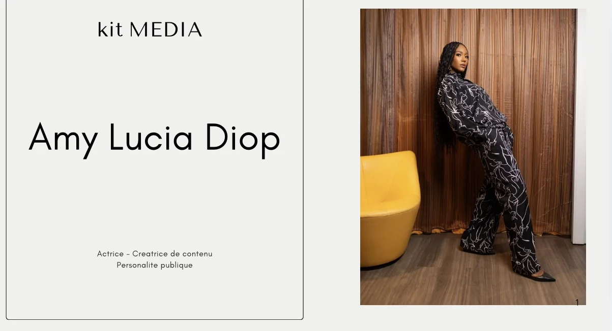Page de kit média d'Amy Lucia Diop : nom, mention actrice et créatrice de contenu, portrait en tenue à motifs