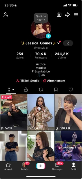 Capture d'écran du profil TikTok de Jessica Gomes (@jessyk_g) sur fond noir