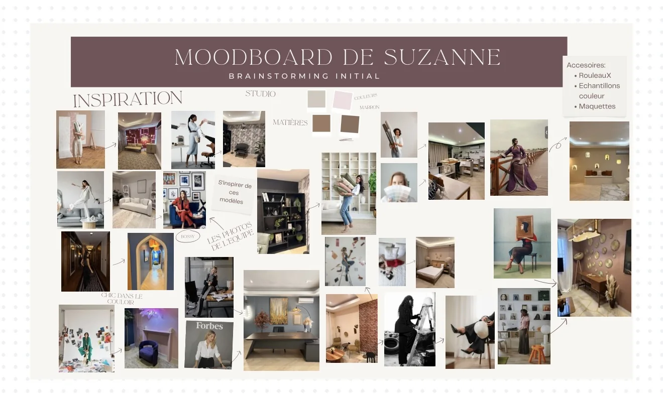 Moodboard de Suzanne : brainstorming initial, planche d'inspirations, nuances de marron et références de studio