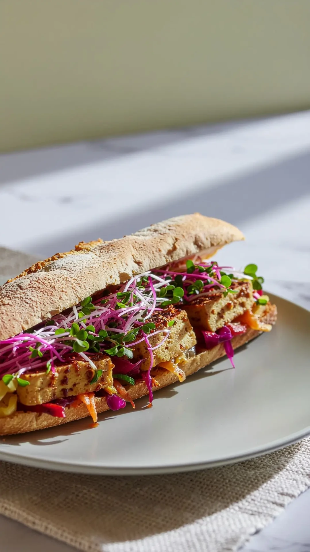 Sandwich baguette au tofu, pousses et légumes marinés sur une assiette claire
